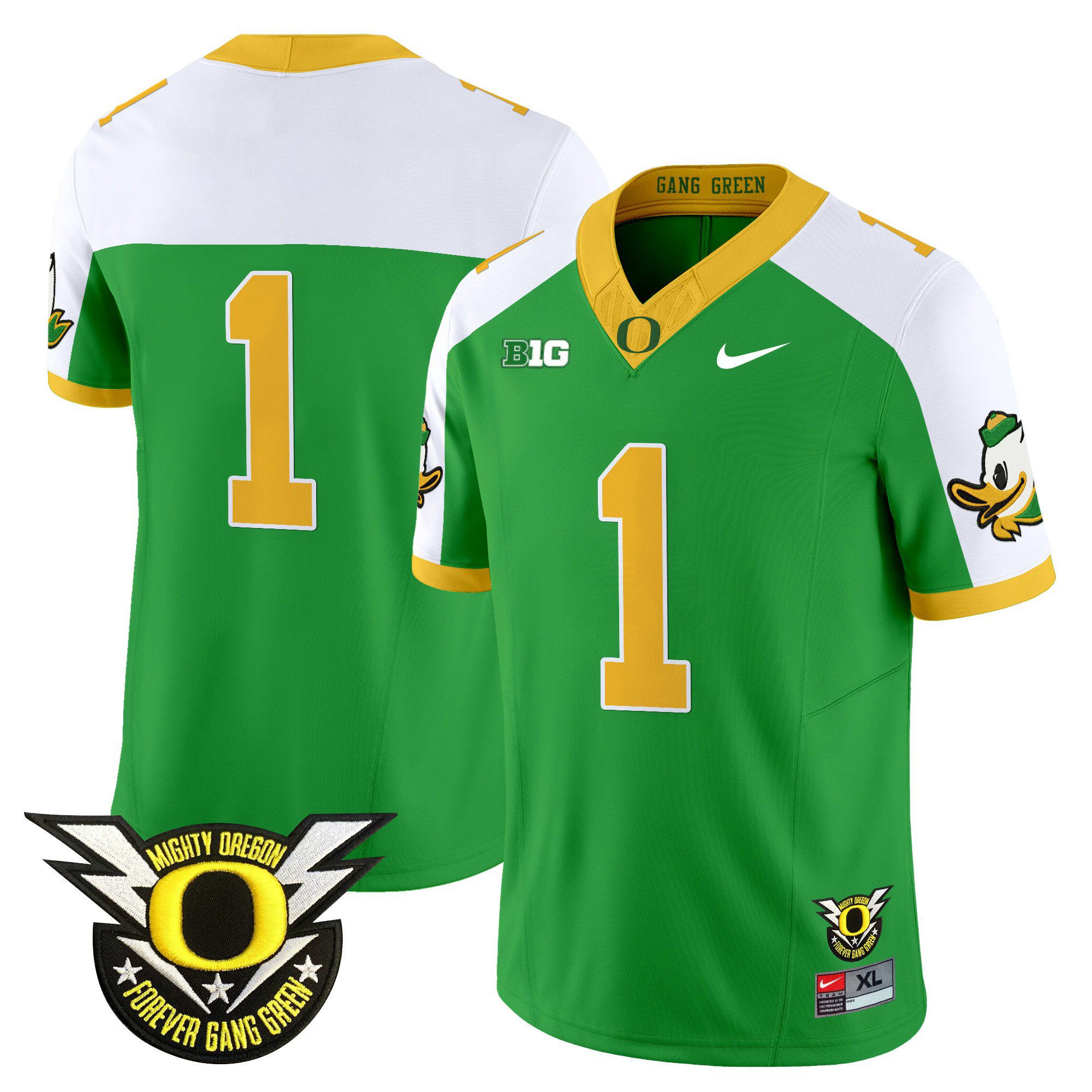 Men Oregon Ducks #1 No Name Green 2024 Nike Forever Gang Green & BIG Patch Vapor Limited NCAA Jersey style 1